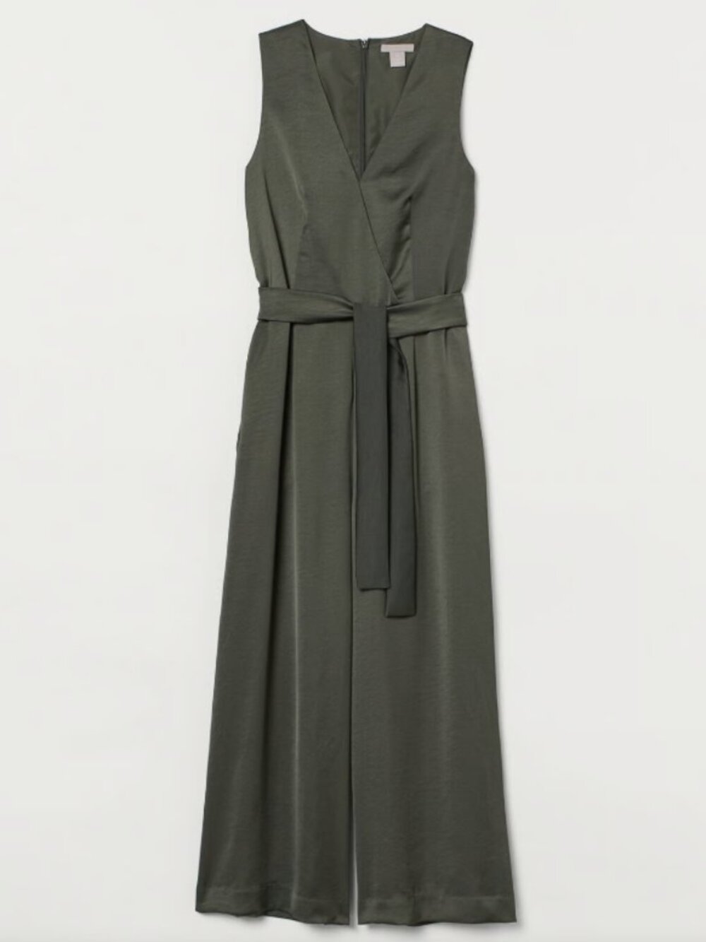 H&M Olive Green Satin Tie Belt Surplice Wide Leg Sleeveless Jumpsuit